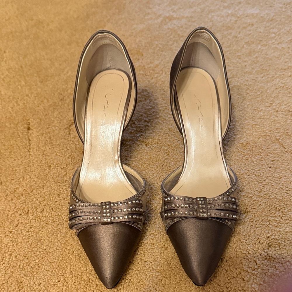 Caparros Silver Heels with Studded Bow. Size 8